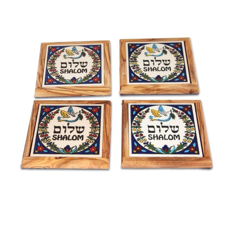 Set of 4 Olive Wood & Armenian Ceramic Coasters - Shalom