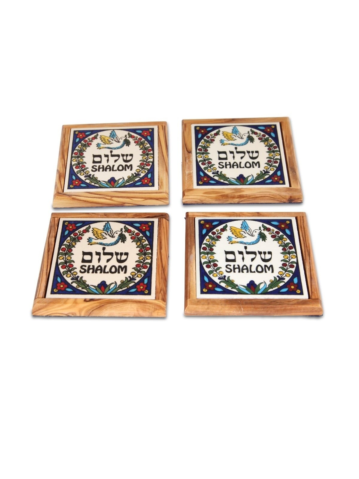 Set of 4 Olive Wood & Armenian Ceramic Coasters - Shalom