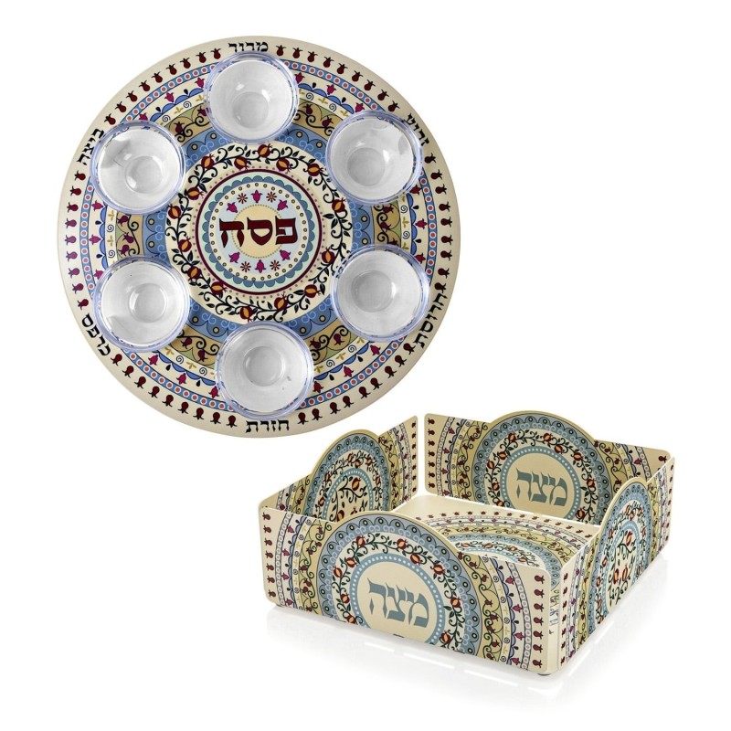 Designer Seder Plate and Matzah Tray Set with Pomegranate Mandala Desi