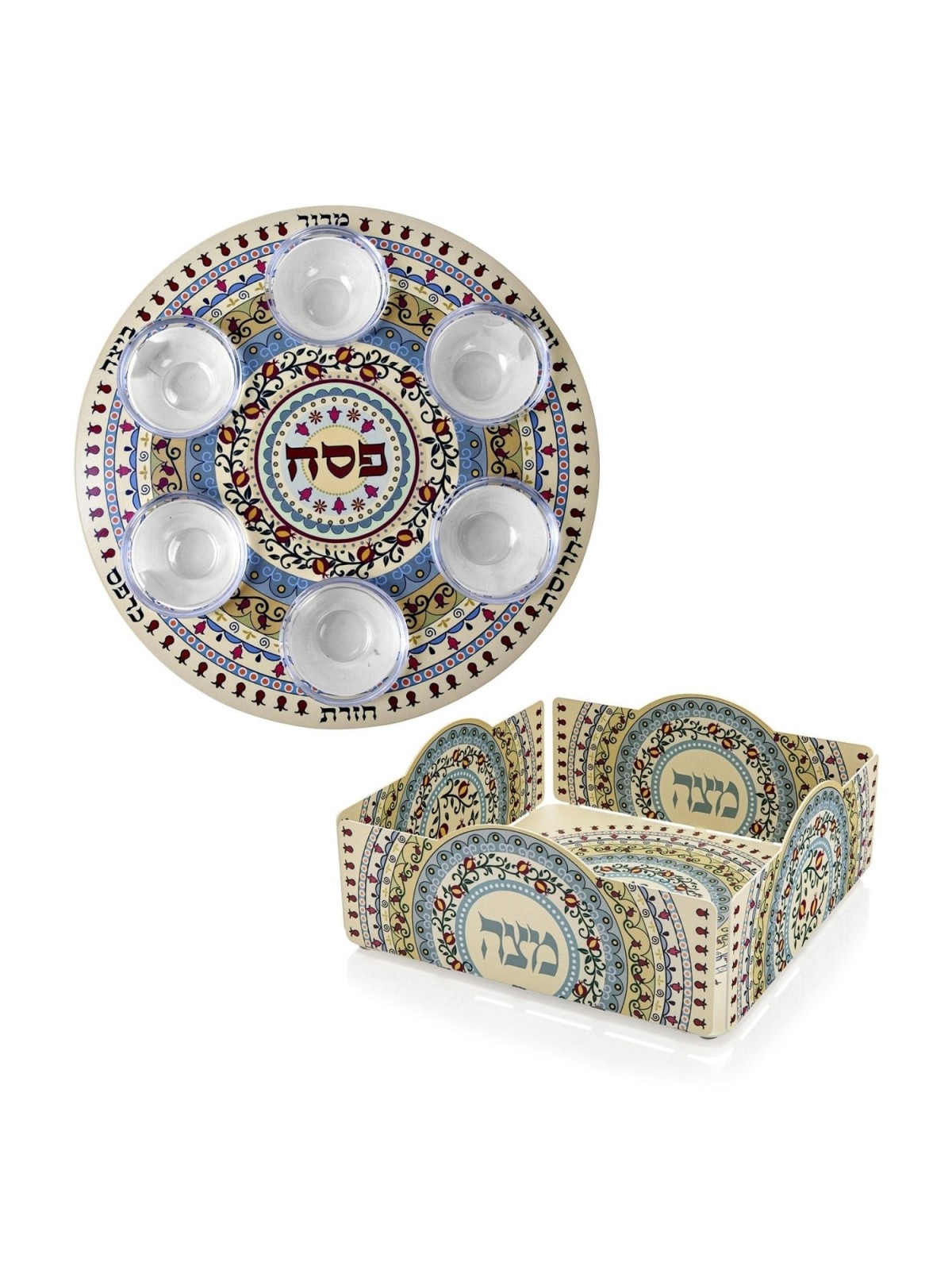 Designer Seder Plate and Matzah Tray Set with Pomegranate Mandala Desi