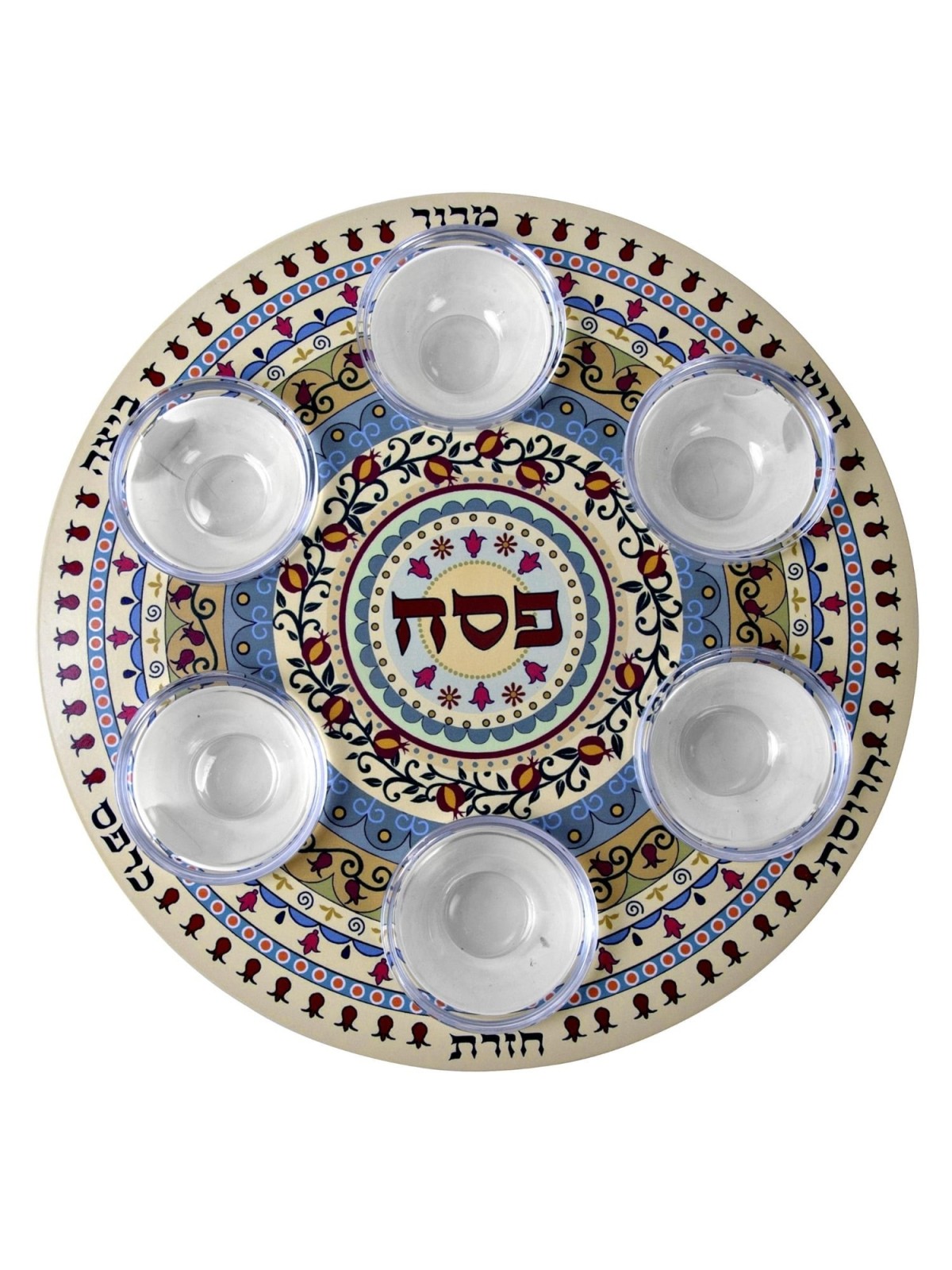 Designer Seder Plate and Matzah Tray Set with Pomegranate Mandala Desi