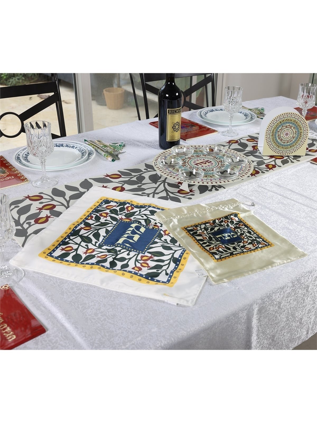 Designer Seder Plate and Matzah Tray Set with Pomegranate Mandala Desi