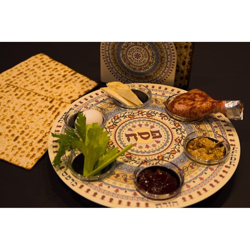 Designer Seder Plate and Matzah Tray Set with Pomegranate Mandala Desi
