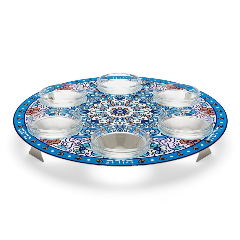 Seder Plate With Blue and Orange Flower Design By Dorit Judaica