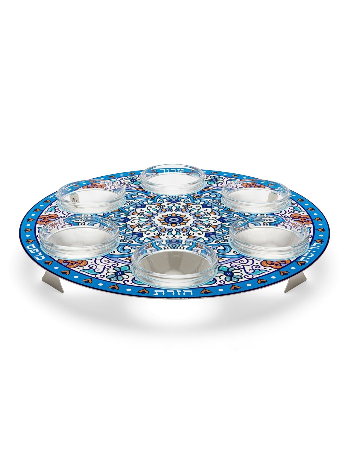 Seder Plate With Blue and Orange Flower Design By Dorit Judaica