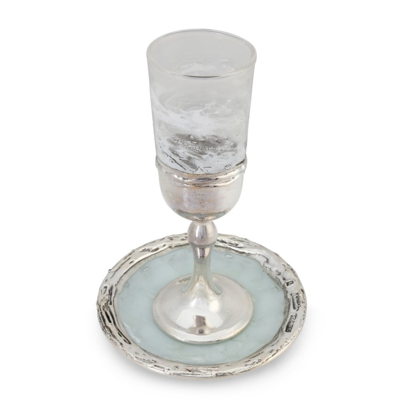 Coupe de Kiddouch en verre blanc fait à la main et plaqué argent sterling