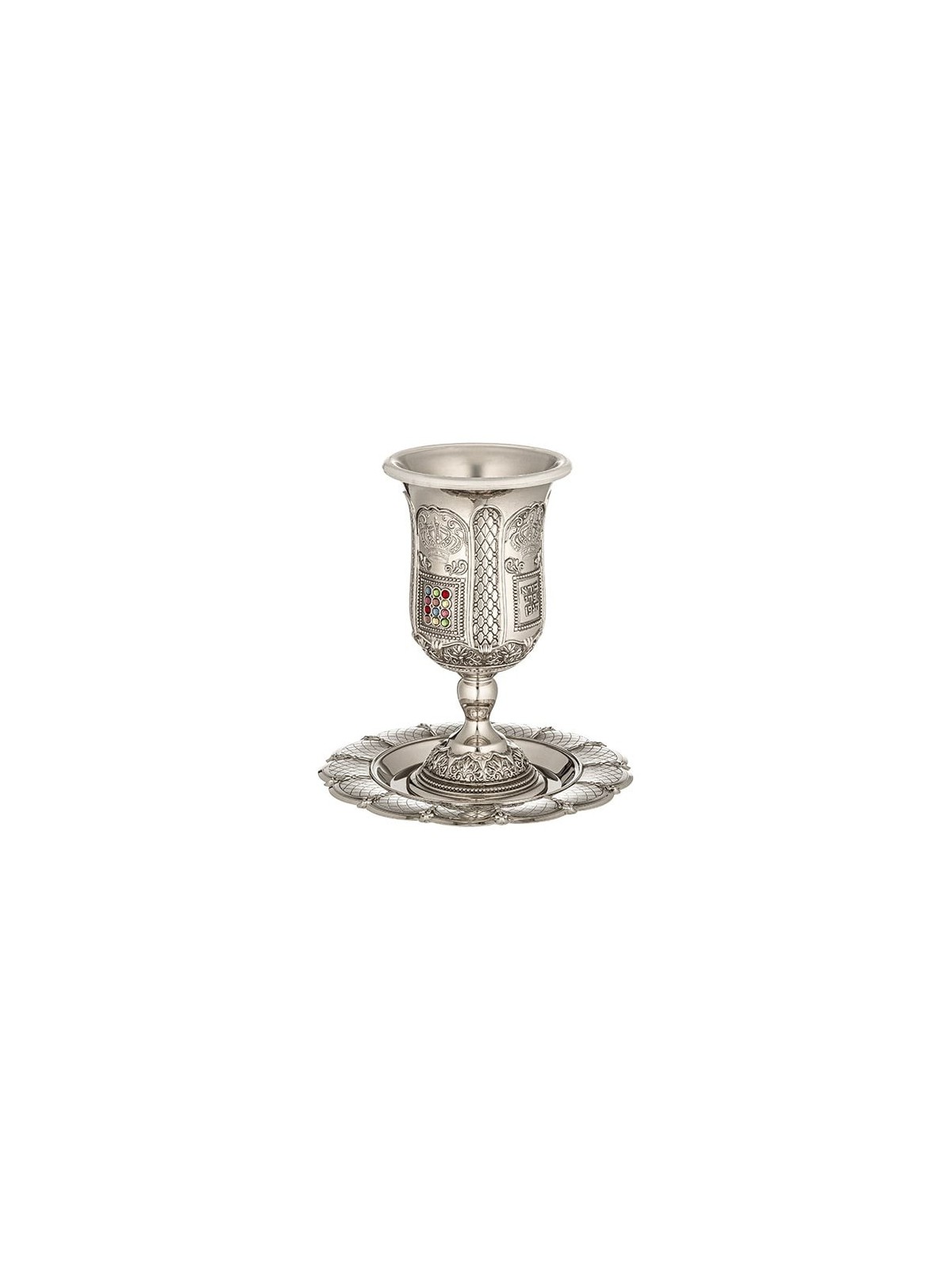 Nickel Plated Kiddush Cup Set with Hoshen Design