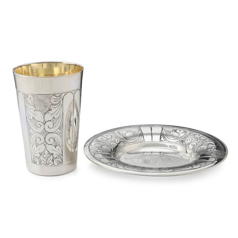 Silver Plated Kiddush Cup Set with Foliate Design