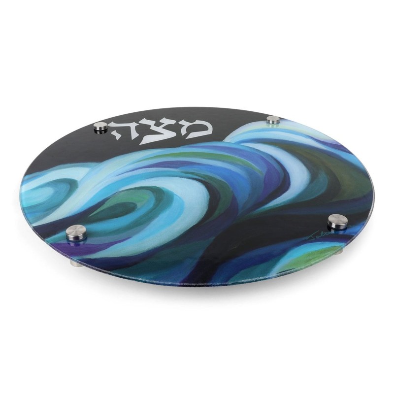 Jordana Klein Glass Matzah Plate - Splitting of the Sea (Exodus 14:21)