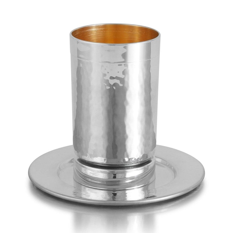 Bier Judaica 925 Sterling Silver Hammered Kiddush Cup With Polished Sa