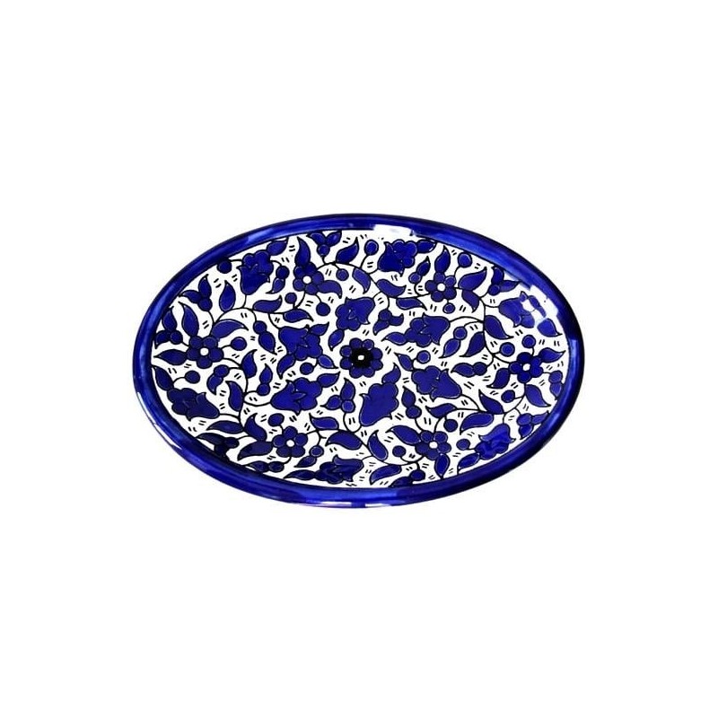 Blue and White Flowers Oval Plate Armenian Ceramic