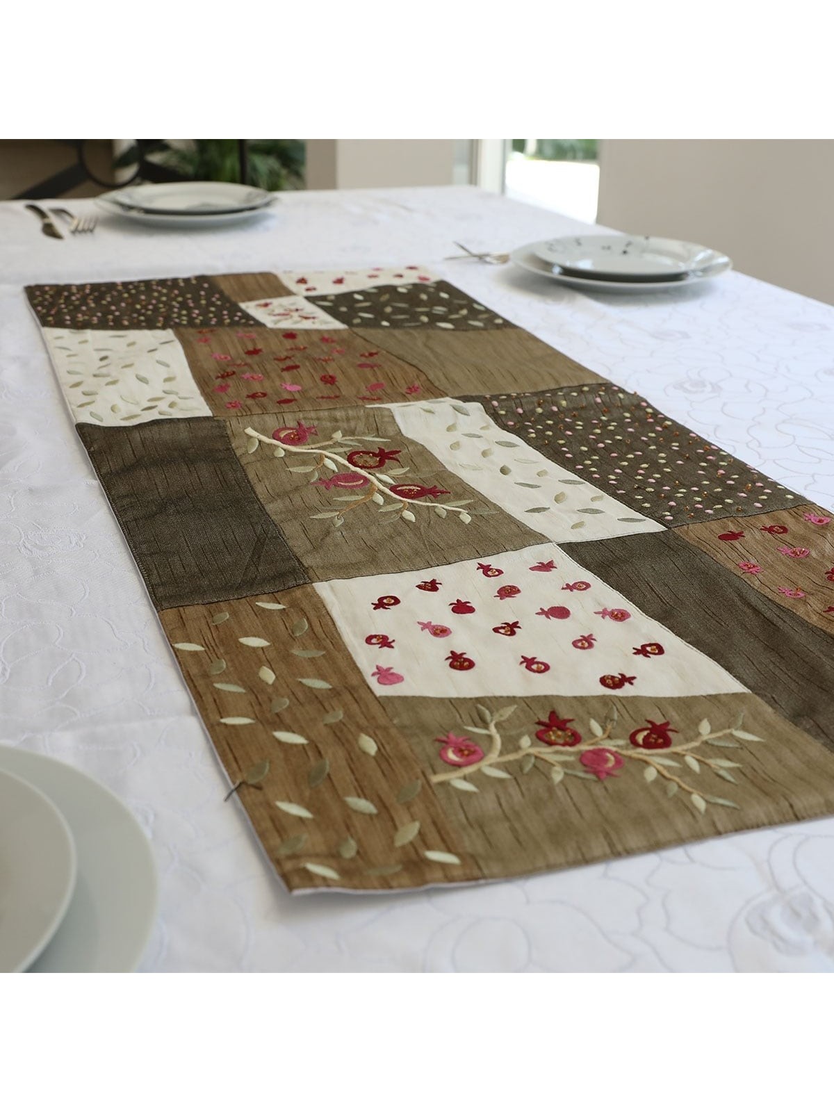 Yair Emanuel Embroidered Runner - Pomegranates (Olive)