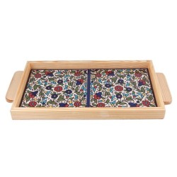 Armenian Ceramic & Wooden Tray. Colorful Pretty Flowers