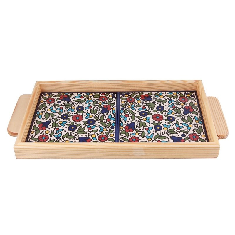 Armenian Ceramic & Wooden Tray. Colorful Pretty Flowers