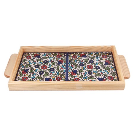 Armenian Ceramic & Wooden Tray. Colorful Pretty Flowers