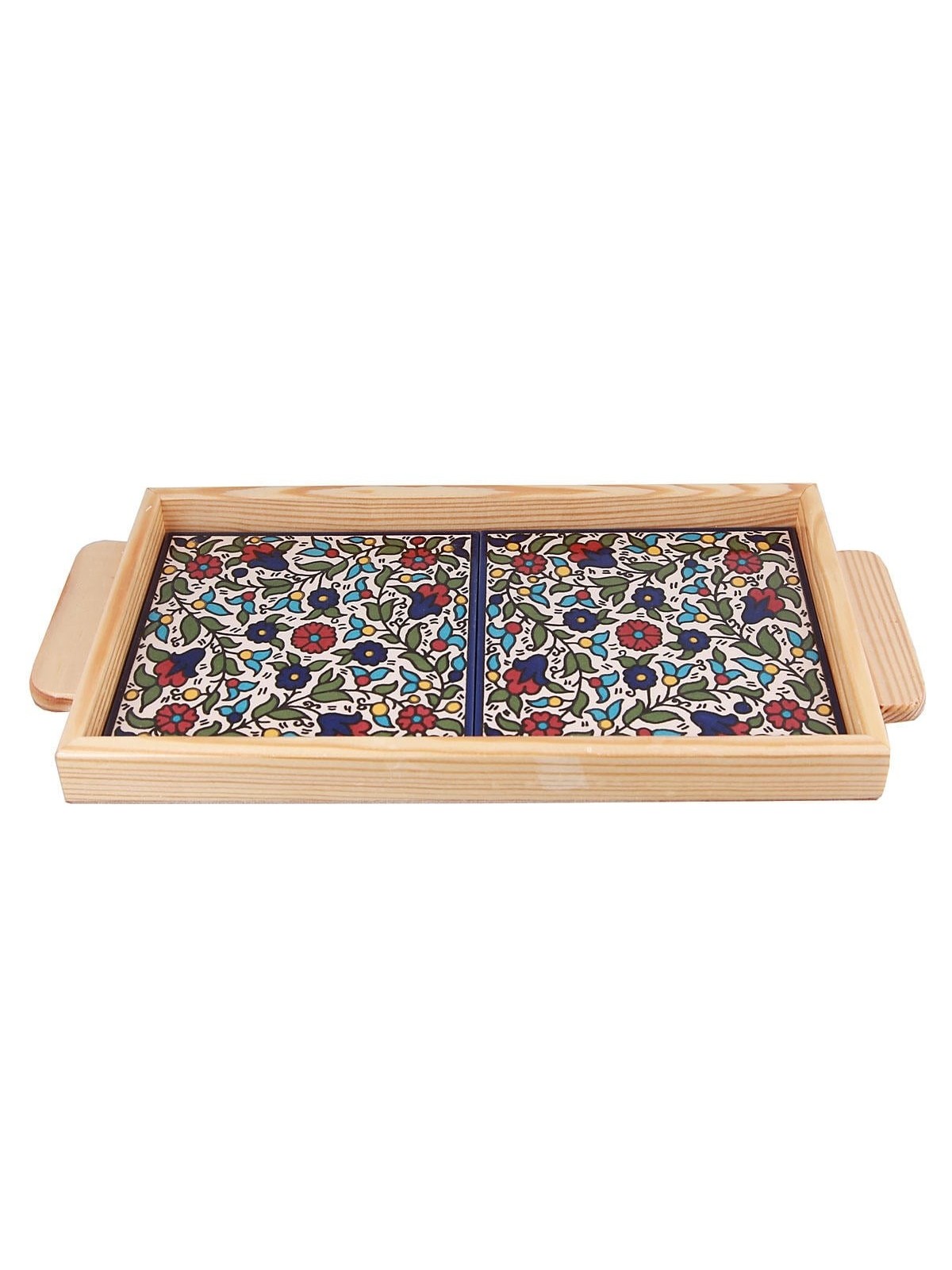 Armenian Ceramic & Wooden Tray. Colorful Pretty Flowers