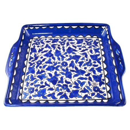Armenian Ceramic Matzah Plate - Blue and White Floral
