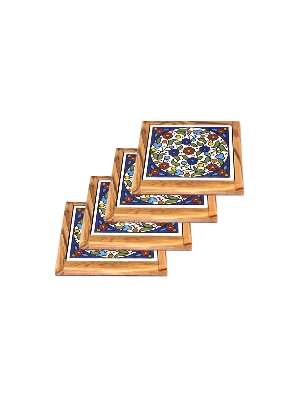 Set of 4 Olive Wood & Armenian Ceramic Coasters - Colorful Flowers