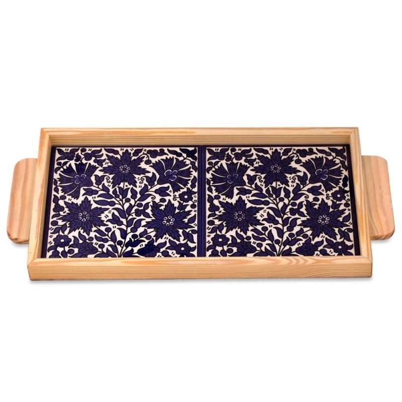 Armenian Ceramic & Wooden Tray - Blue Flowers