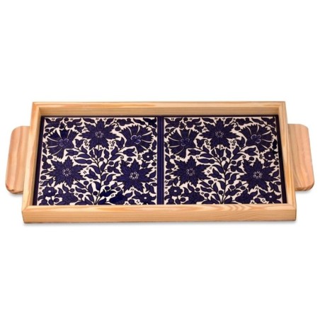 Armenian Ceramic & Wooden Tray - Blue Flowers