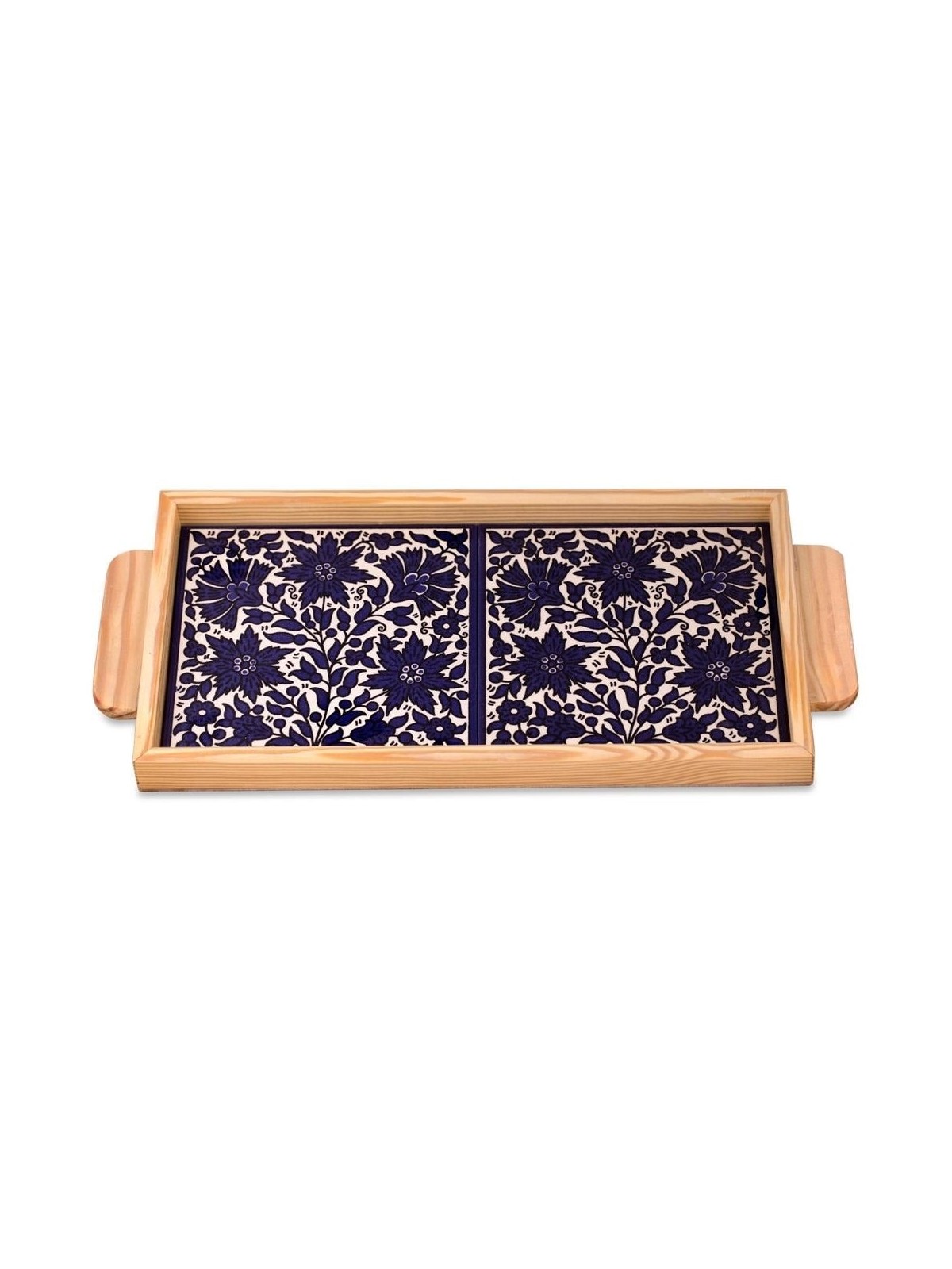 Armenian Ceramic & Wooden Tray - Blue Flowers