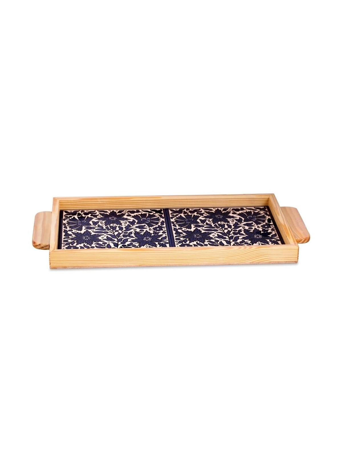 Armenian Ceramic & Wooden Tray - Blue Flowers