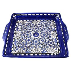 Serving Matzah Tray - Blue and White Floral Circles. Armenian Ceramic