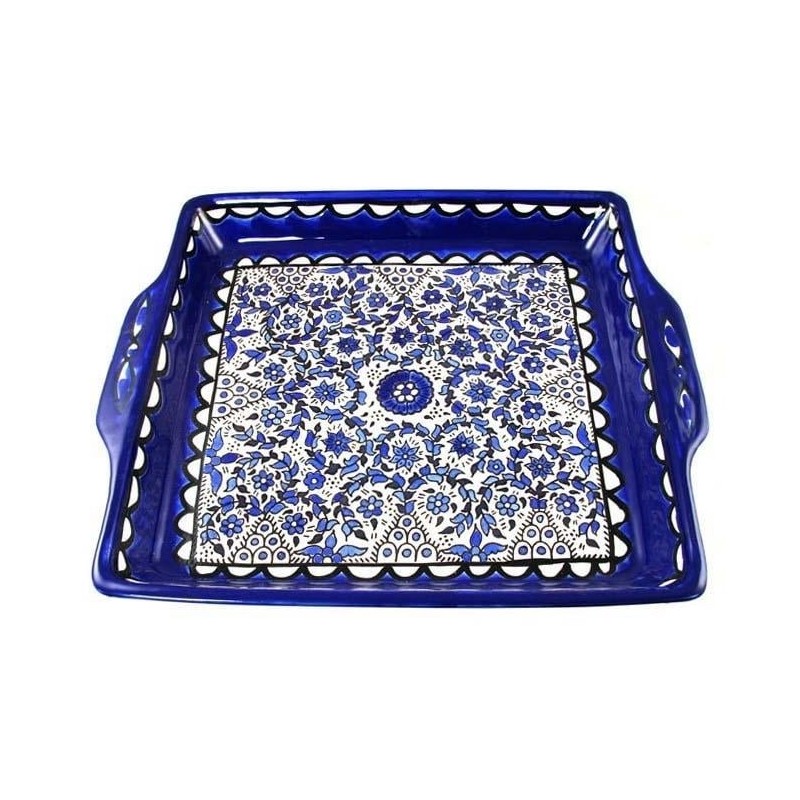 Serving Matzah Tray - Blue and White Floral Circles. Armenian Ceramic