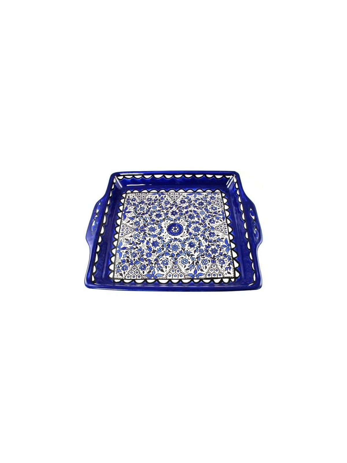 Serving Matzah Tray - Blue and White Floral Circles. Armenian Ceramic