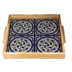 Square Wood & Armenian Ceramic Tray. Colorful Pretty Flowers (Rings -