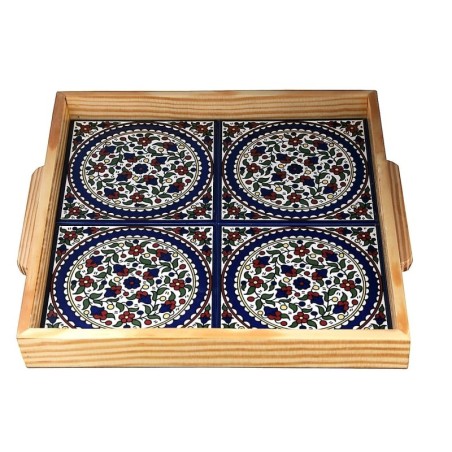 Square Wood & Armenian Ceramic Tray. Colorful Pretty Flowers (Rings -