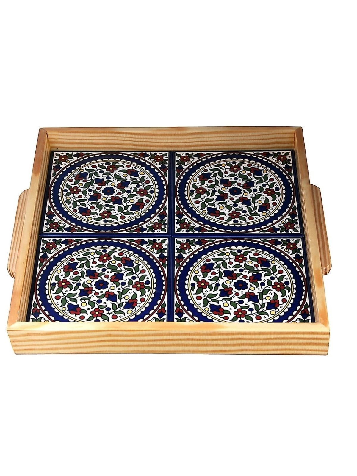 Square Wood & Armenian Ceramic Tray. Colorful Pretty Flowers (Rings -