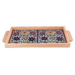 Armenian Ceramic & Wooden Tray. Colorful Floral Bouquet