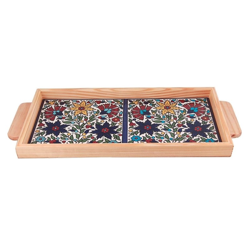 Armenian Ceramic & Wooden Tray. Colorful Floral Bouquet