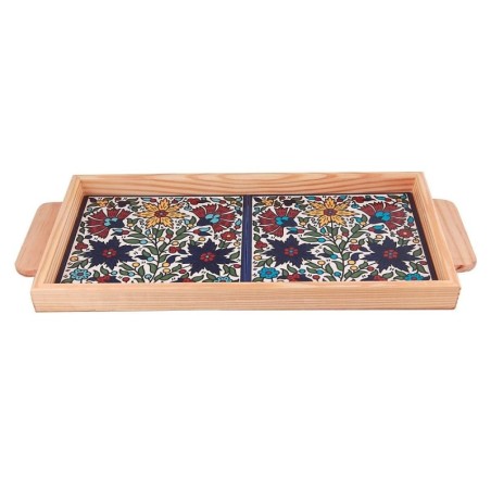 Armenian Ceramic & Wooden Tray. Colorful Floral Bouquet