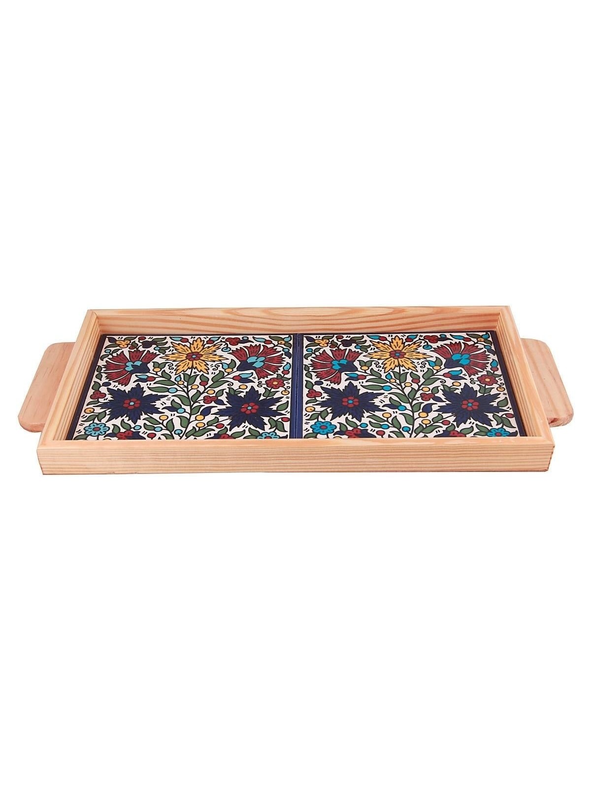 Armenian Ceramic & Wooden Tray. Colorful Floral Bouquet