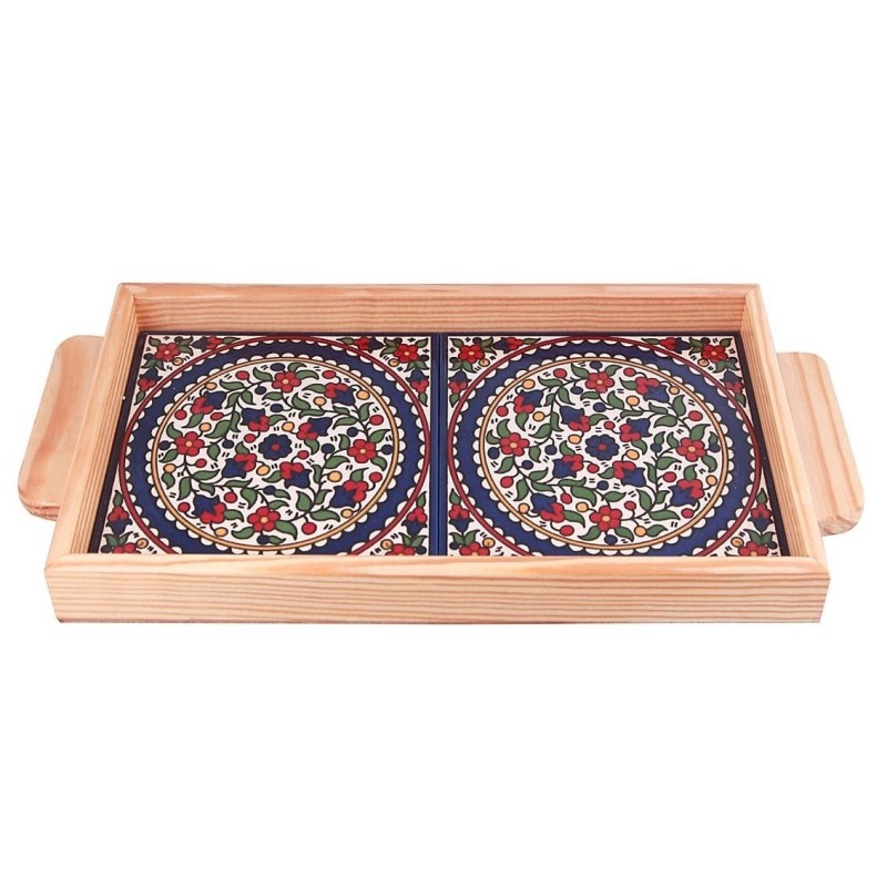 Armenian Ceramic & Wooden Tray. Colorful Pretty Flowers (Rings - B)