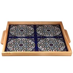 Square Wood & Armenian Ceramic Tray. Colorful Pretty Flowers (Rings -