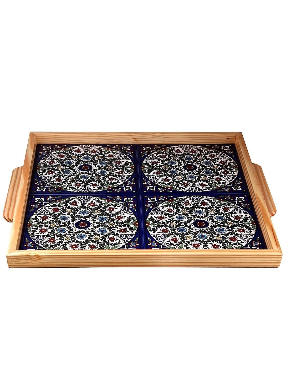 Square Wood & Armenian Ceramic Tray. Colorful Pretty Flowers (Rings -