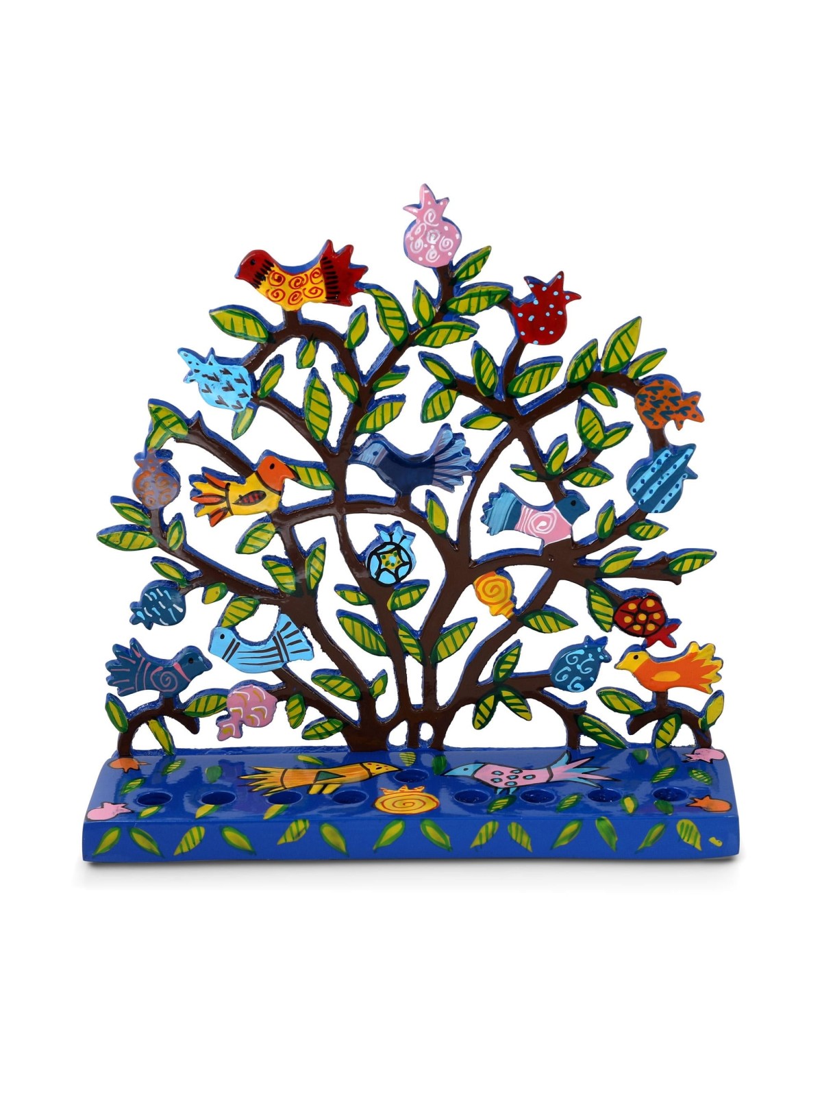 Yair Emanuel Painted Metal Hanukkah Menorah - Birds in Pomegranate Tre
