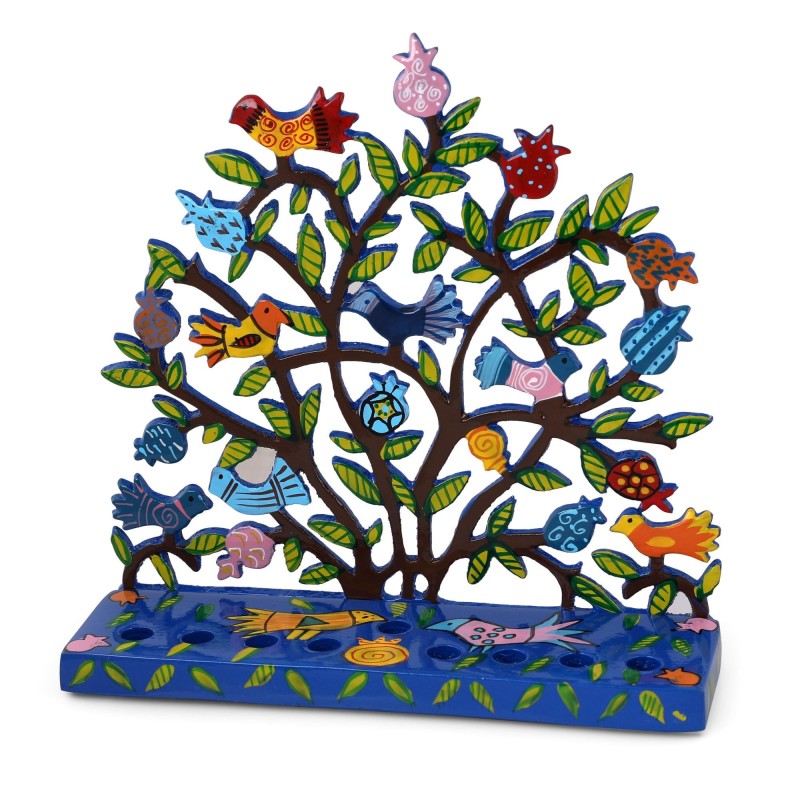 Yair Emanuel Painted Metal Hanukkah Menorah - Birds in Pomegranate Tre
