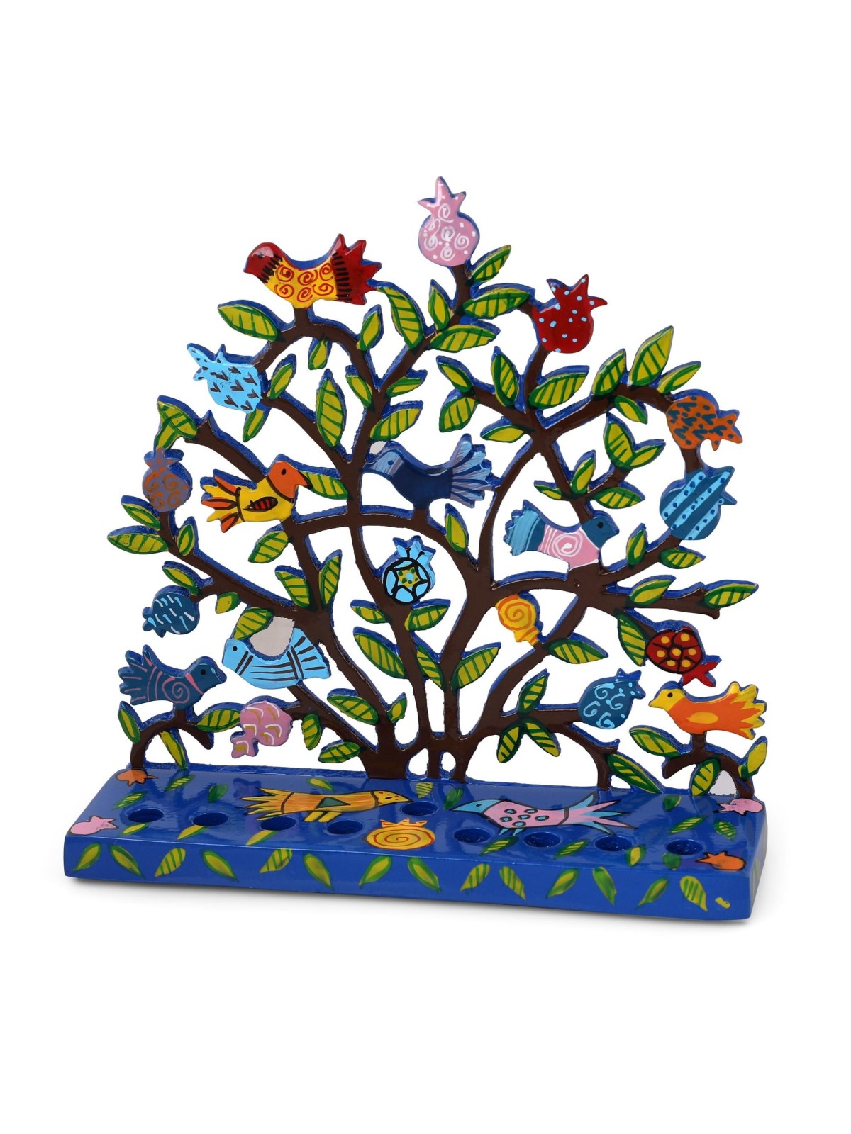 Yair Emanuel Painted Metal Hanukkah Menorah - Birds in Pomegranate Tre