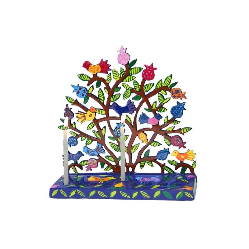 Yair Emanuel Painted Metal Hanukkah Menorah - Birds in Pomegranate Tre