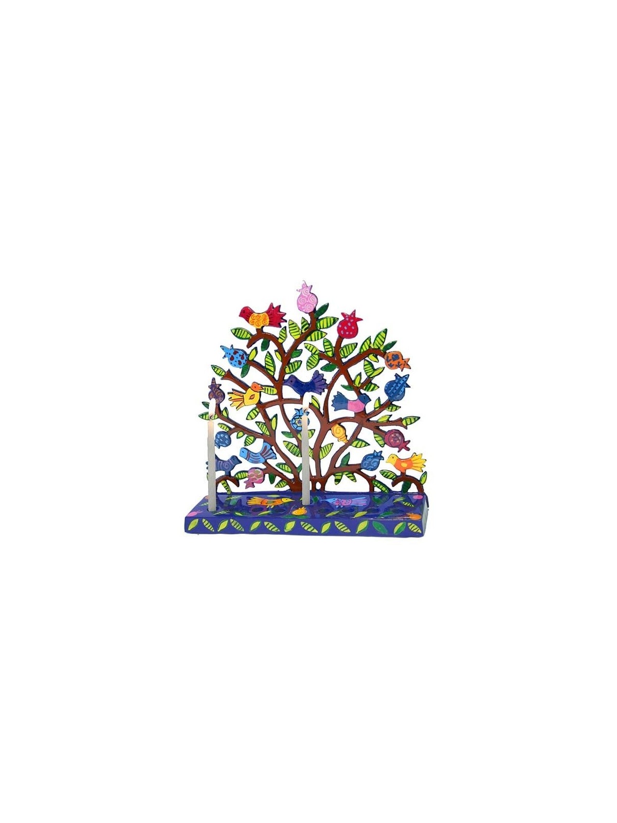 Yair Emanuel Painted Metal Hanukkah Menorah - Birds in Pomegranate Tre