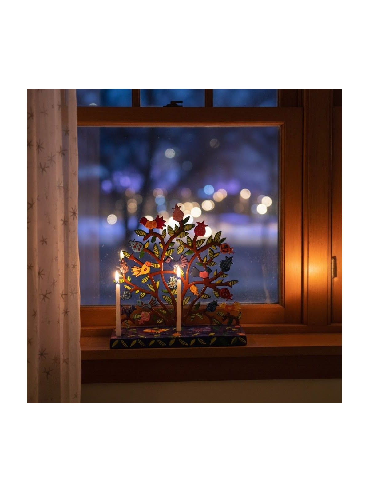 Yair Emanuel Painted Metal Hanukkah Menorah - Birds in Pomegranate Tre