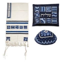 Yair Emanuel Embroidered Tallit Set With Square Patterns - Blue