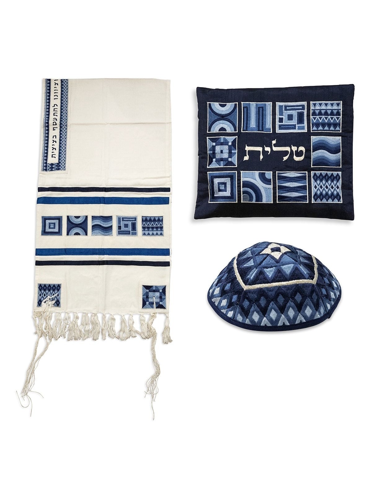 Yair Emanuel Embroidered Tallit Set With Square Patterns - Blue