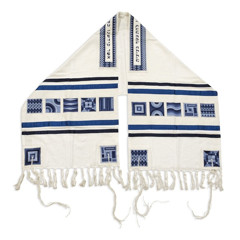 Yair Emanuel Embroidered Tallit Set With Square Patterns - Blue