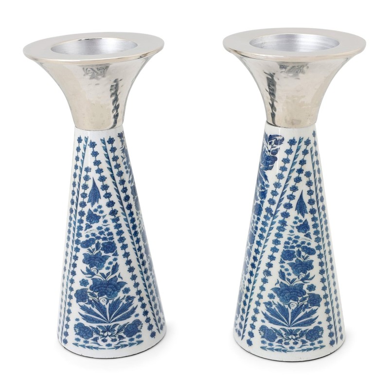 Yair Emanuel Painted Metal Shabbat Candlesticks with Hammered Top - De