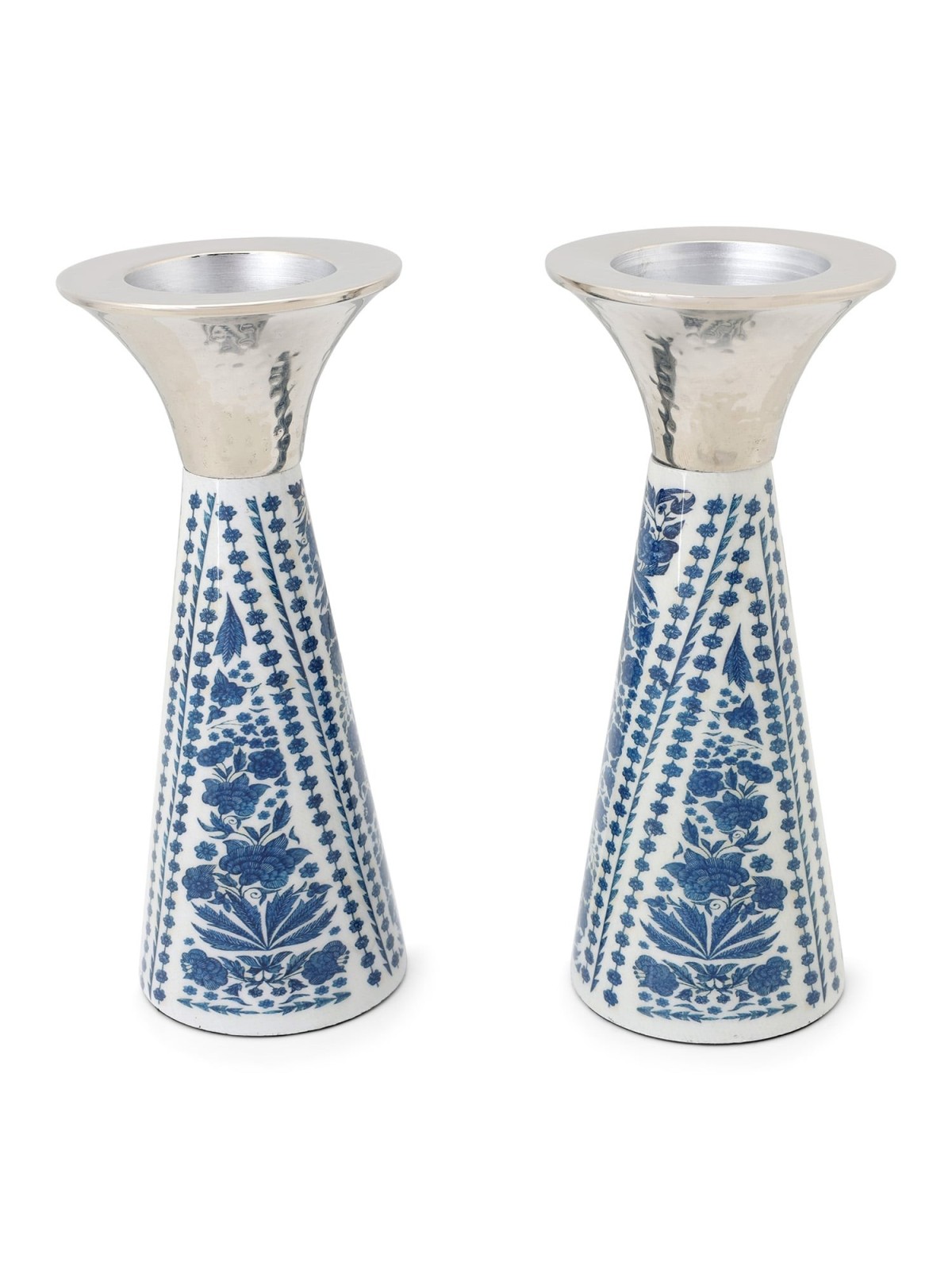 Yair Emanuel Painted Metal Shabbat Candlesticks with Hammered Top - De